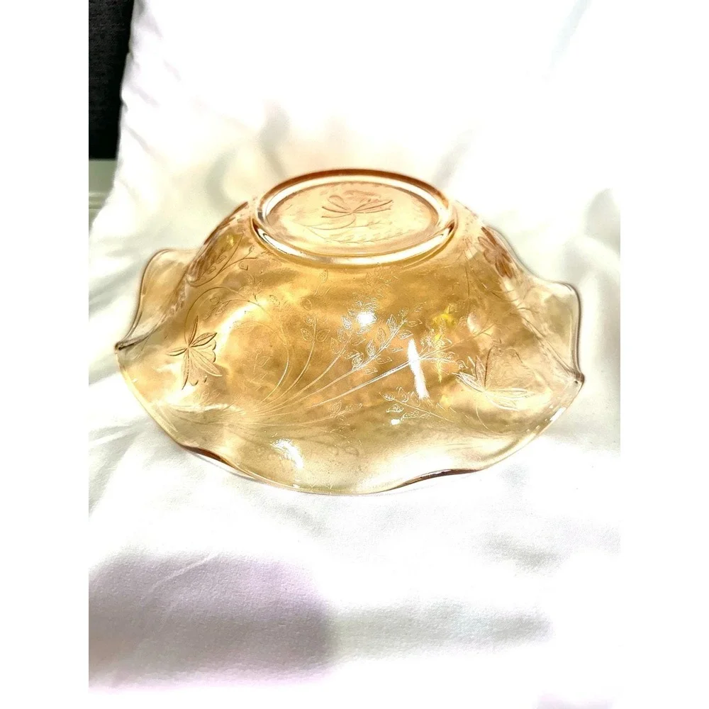 Vintage Iridescent Pink Depression Glass Bowl with Floral Etching